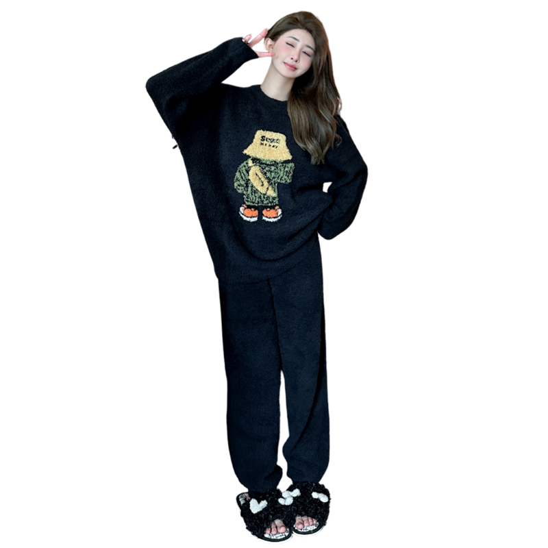 半边绒睡衣女春秋冬季新款加厚珊瑚绒黄色太阳花家居服套装可外穿