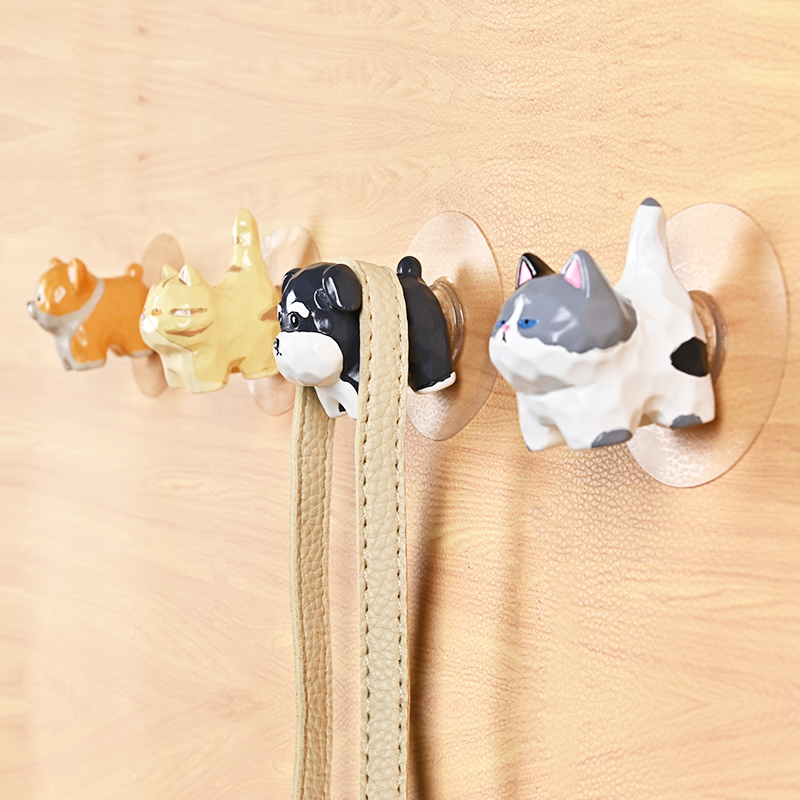 卡通动物狗狗衣柜旁挂钩免打孔衣服包包帽子粘钩猫咪无痕粘贴钩子