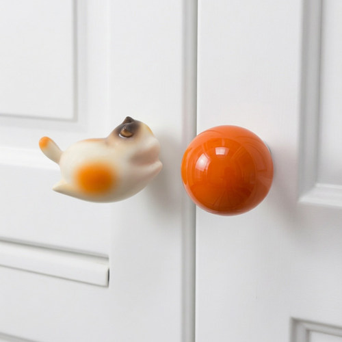 糖果色可爱踢球猫咪多巴胺单孔拉手儿童房免打孔橱柜衣柜抽屉把手