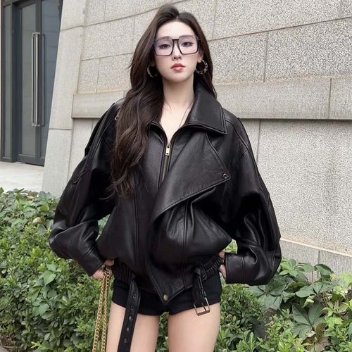 海宁高档皮衣外套女宽松酷飒机车皮夹克百搭气质新款泡纹皮衣