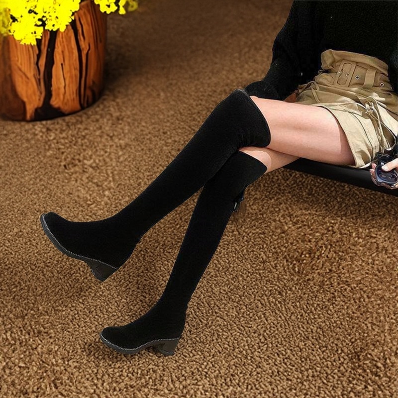 弹力长筒靴平底粗跟瘦瘦烟筒靴