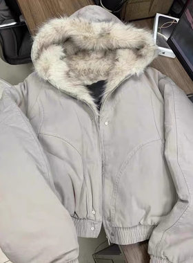 美式cleanfit毛茸茸座山雕连帽夹克棉服男女冬季加厚短款工装外套