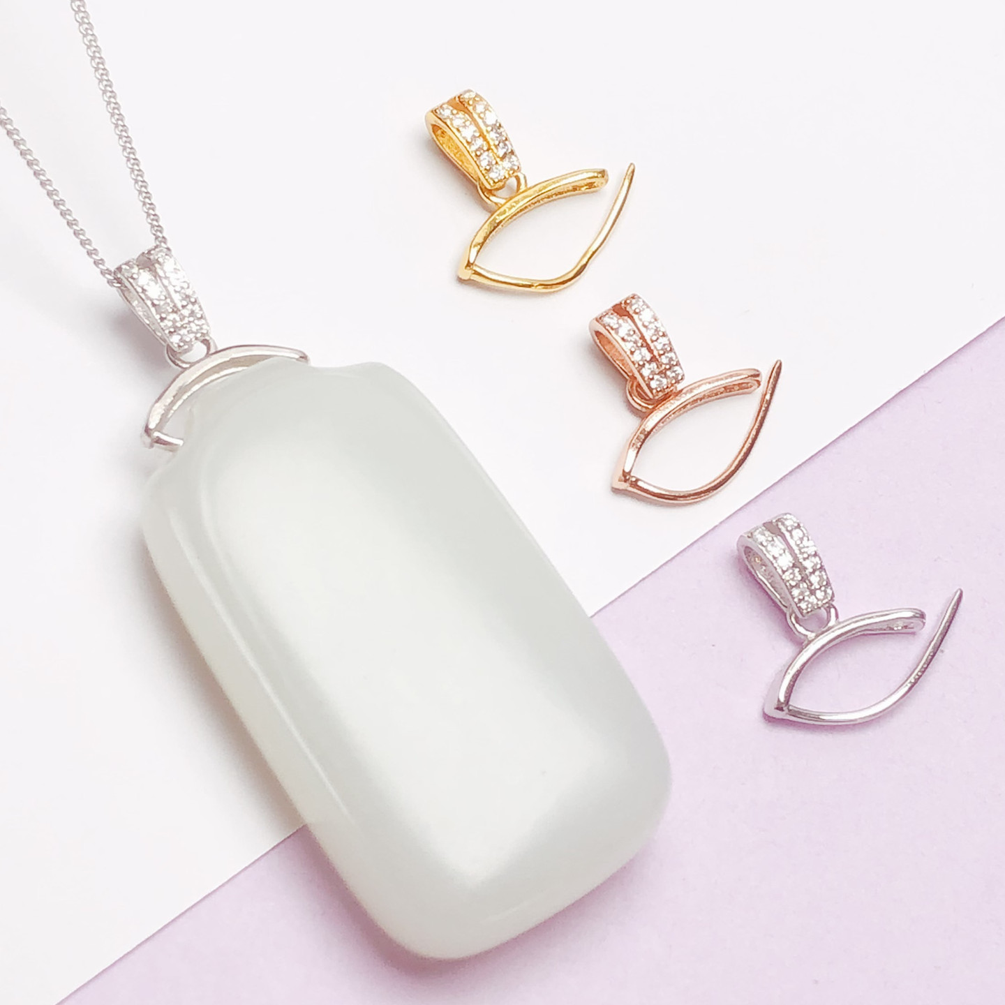 S925纯银牛鼻孔左右孔对夹扣粗针卡扣吊坠扣头银扣镀黄金色横向扣