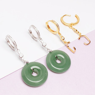 镀18k白金耳环耳钩空托翡翠平安扣s925纯银diy手工材料耳勾耳饰