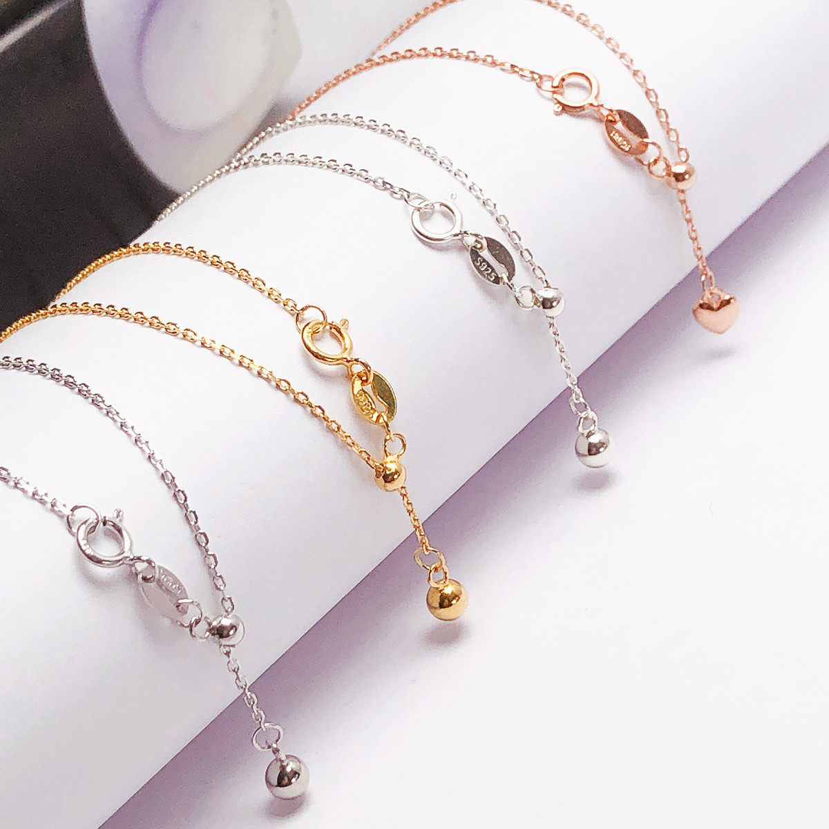 O字项链女S925纯银电镀18k爱心锁骨链百搭吊坠抽拉可调节素链包邮