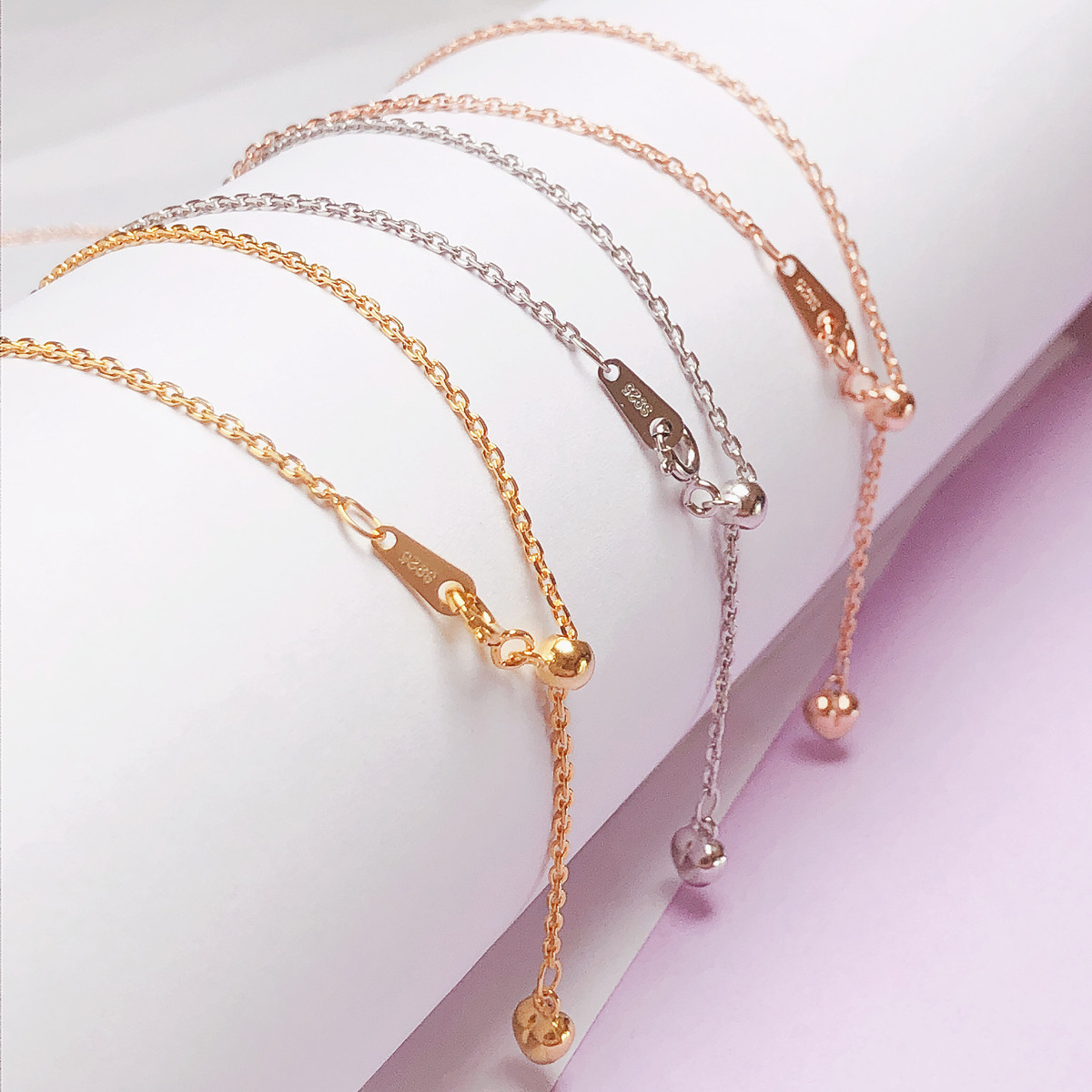 纯银电镀18K金O字项链锁骨链女玫瑰金色彩金色爱心可调节链百搭链