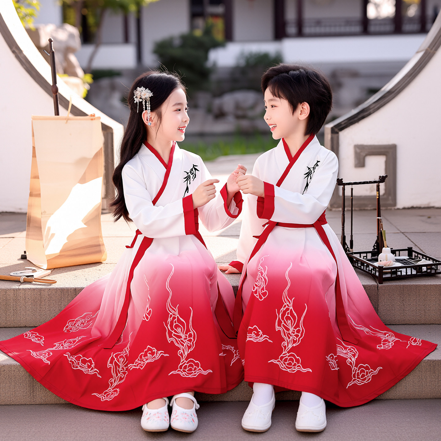 儿童国学汉服男童古装中国风服装女童新款书童小学生三字经演出服
