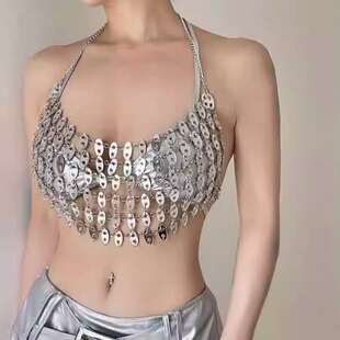 镂空欧美女装 抹胸小背心21210 性感亚克力表演挂脖短款