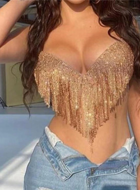 跨境欧美女装时尚性感满钻流苏露脐背心吊带露腰上衣20383