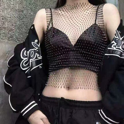 闪钻打底夜店蹦迪性感无袖背心女外穿潮流渔网烫钻吊带镂空上衣