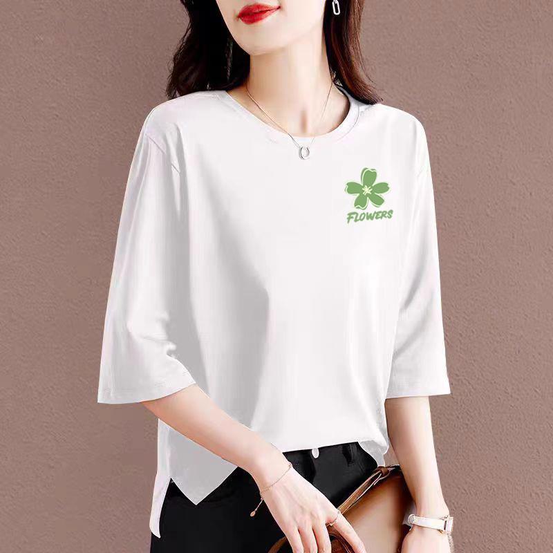 外贸出口清仓100%纯棉女装时尚开叉七分上衣宽松洋气显瘦中袖T恤