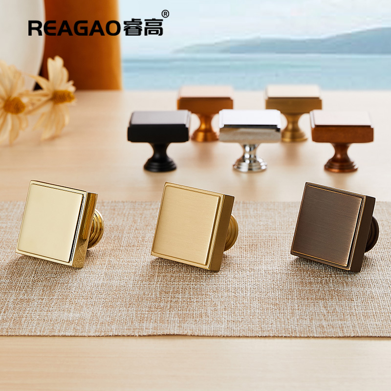 睿高全铜拉手柜门把手方形单孔抽屉衣橱柜子家具新中式拉手带胶圈
