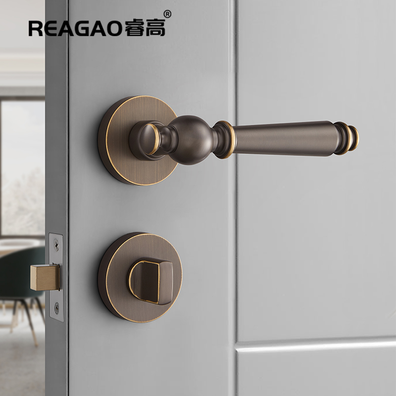 中古风隐形门锁单面锁纯铜中式古铜卫生间无钥匙卧室背景墙门把手