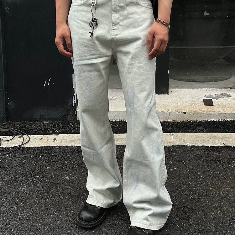 高货 擦脏做旧骨白色暗纹牛仔裤水洗复古vintage直筒微喇阔腿长裤