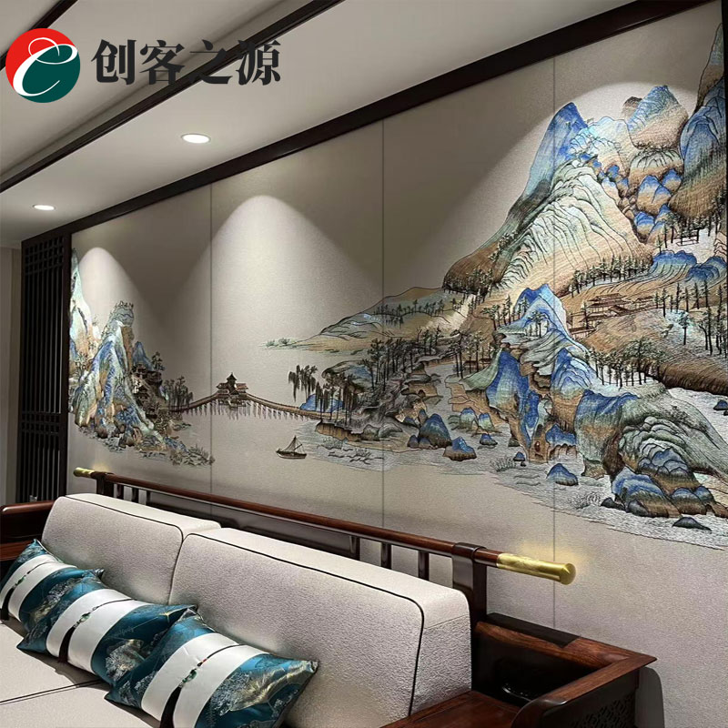 硬包背景墙床头电视沙发新中式刺绣软包客厅卧室绣花壁画酒店印花图片