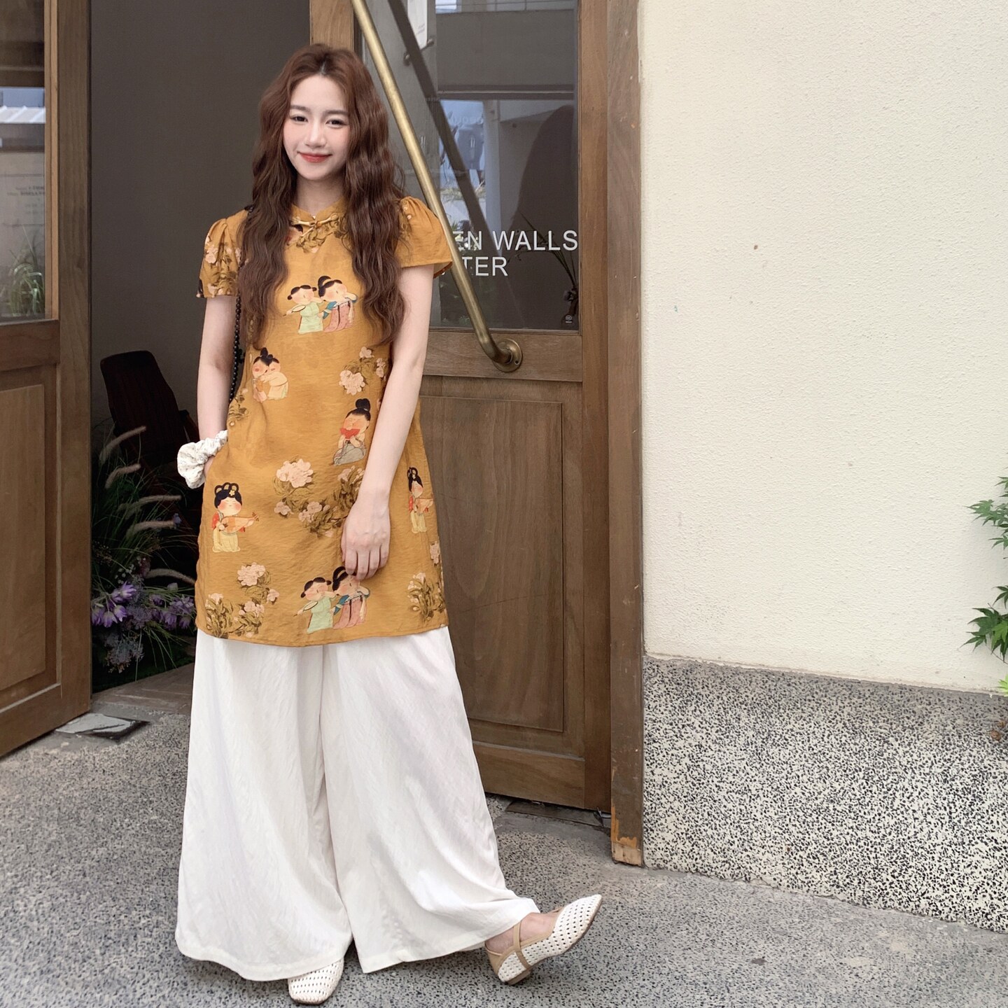 洋气时尚新中式国风套装女2025夏季新款印花旗袍上衣阔腿裤两件套图片