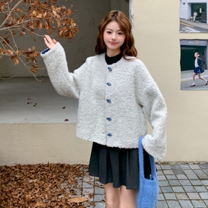 韩系chic圆领羊羔毛外套女2025冬季新款超好看宽松减龄小个子上衣图片