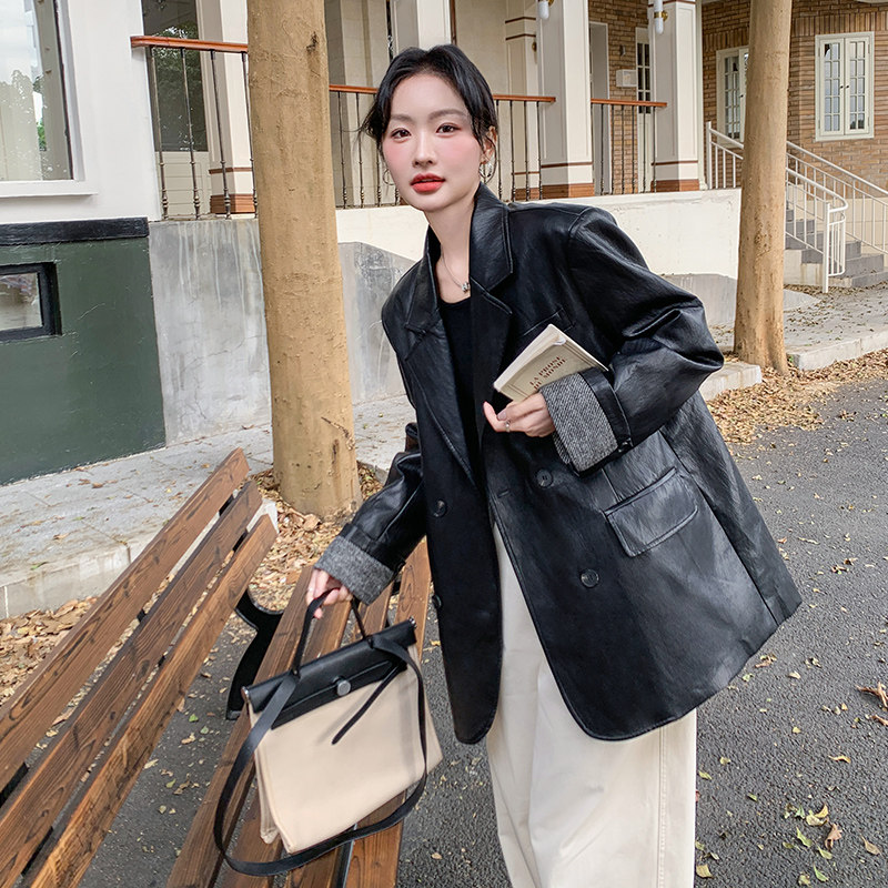 现货黑色皮衣西装外套297-1103-P165-K238，女装短外套，艾艾淮淮