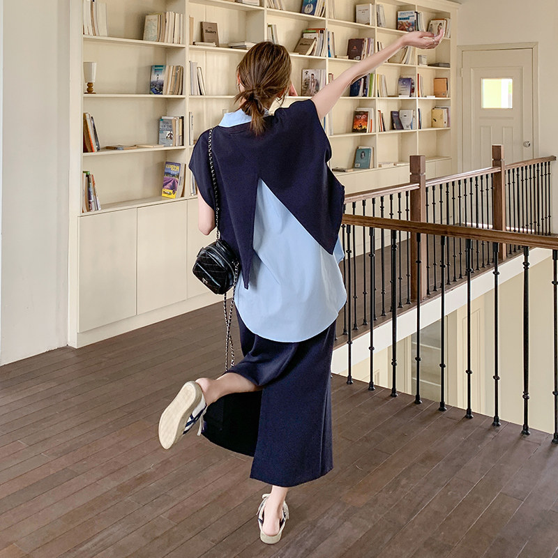 深蓝色设计感休闲套装女2025夏季新款不规则衬衫马甲半身裙三件套,女装套装/套裙,艾艾淮淮