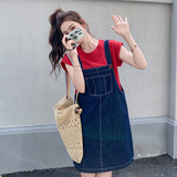 慵懒风牛仔背带裙女2025夏季新款学院风休闲T恤小个子，女装连衣裙，艾艾淮淮