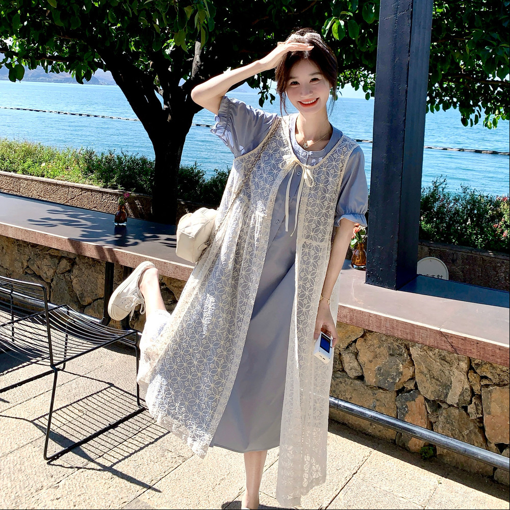 甜美蓝色衬衫裙套装女2025夏新款法式温柔显瘦白色罩衫两件套长裙,女装连衣裙,艾艾淮淮