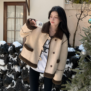翻领撞色羊羔毛外套女冬季独特漂亮巨好看高级感皮衣一体加厚棉服图片