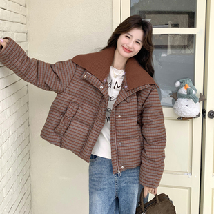 P295 1930 90绒现货格子拼接毛线领羽绒服297 K438 首发新款