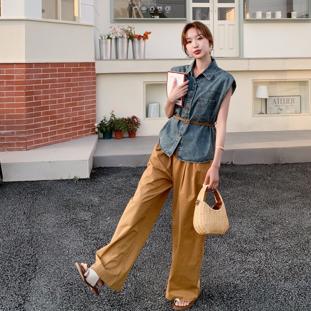 老钱风穿搭牛仔无袖马甲配姜黄色长裙两件套女夏2025超火减龄套装,女装套装/套裙,艾艾淮淮