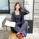 韩系少女灰色开衫格子吊带背心阔腿裤三件套女2025秋季新款小个子，女装套装/套裙，艾艾淮淮