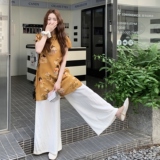 新中式国风高级感时尚套装女夏新款改良旗袍印花上衣阔腿裤两件套，女装套装/套裙，艾艾淮淮