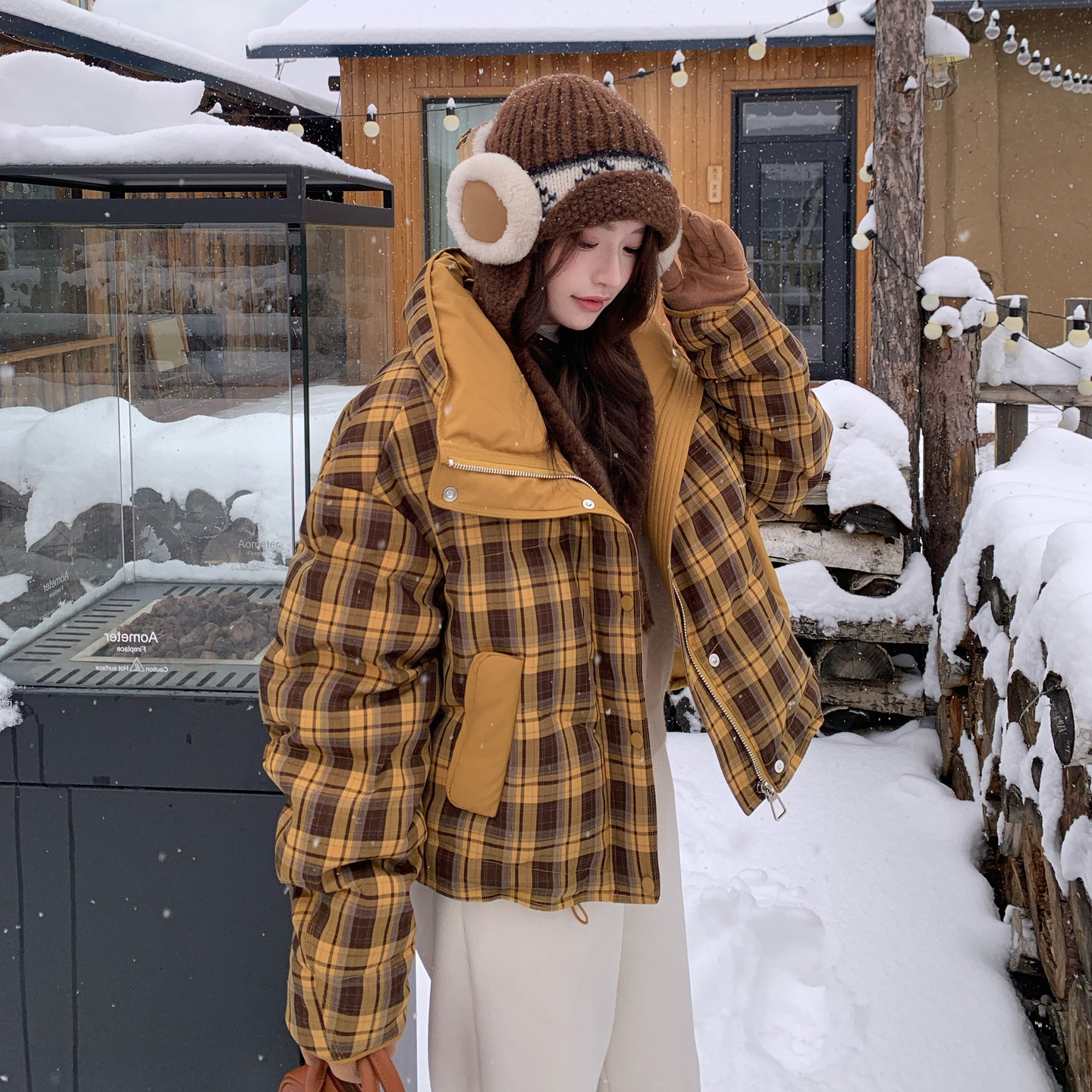 【新款】90绒现货格子拼接羽绒服297-1905-P305-K448，女装棉衣/棉服，艾艾淮淮