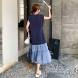 盐系藏蓝色无袖拼接背心连衣裙女夏2025年新款松弛感休闲减龄长裙，女装连衣裙，艾艾淮淮