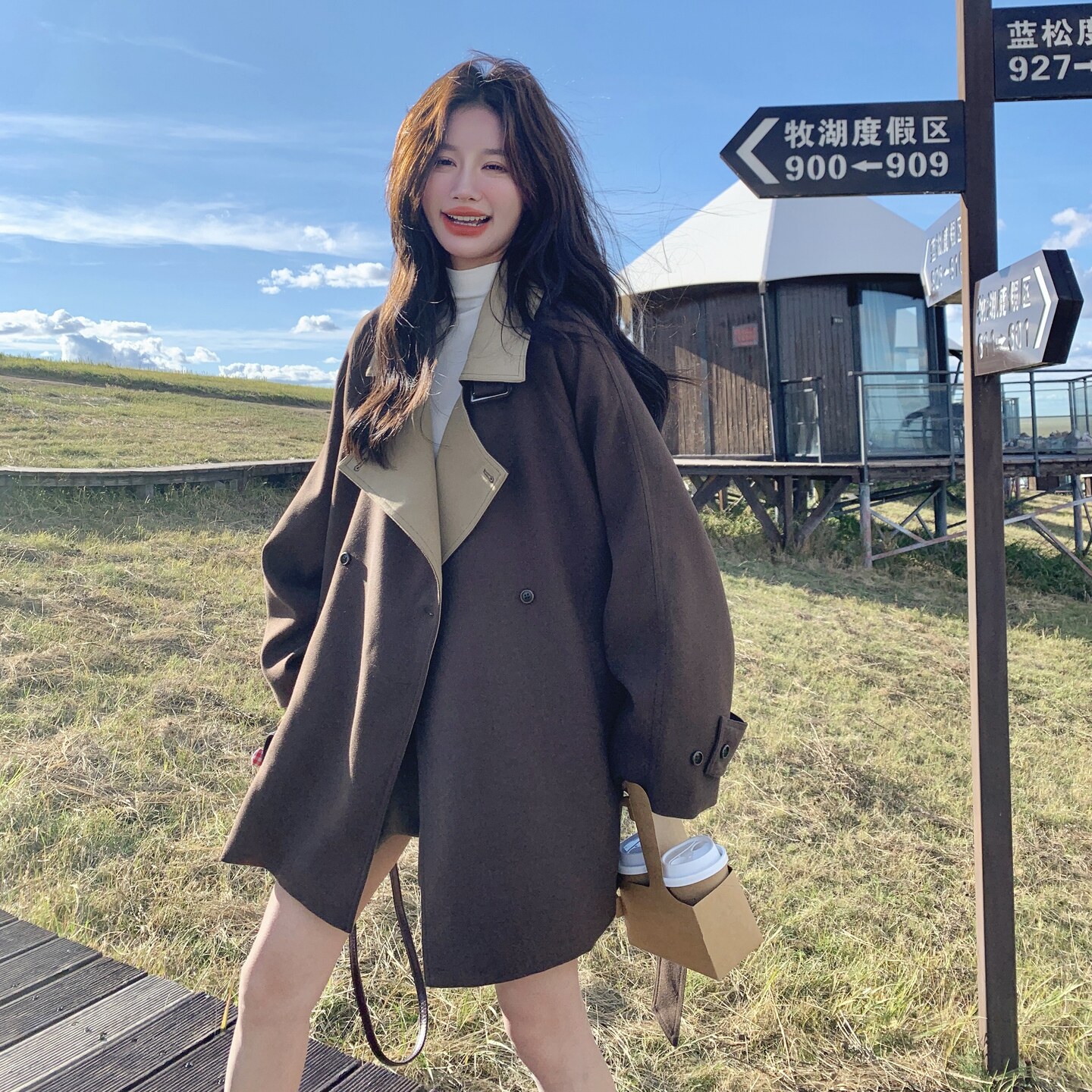 撞色拼接毛呢咖色外套女秋季2025新款收腰显瘦小个子高级感呢外套,女装短外套,艾艾淮淮