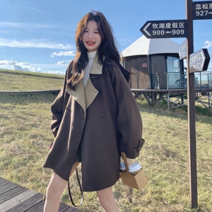 撞色拼接毛呢咖色外套女秋季2025新款收腰显瘦小个子高级感呢外套图片