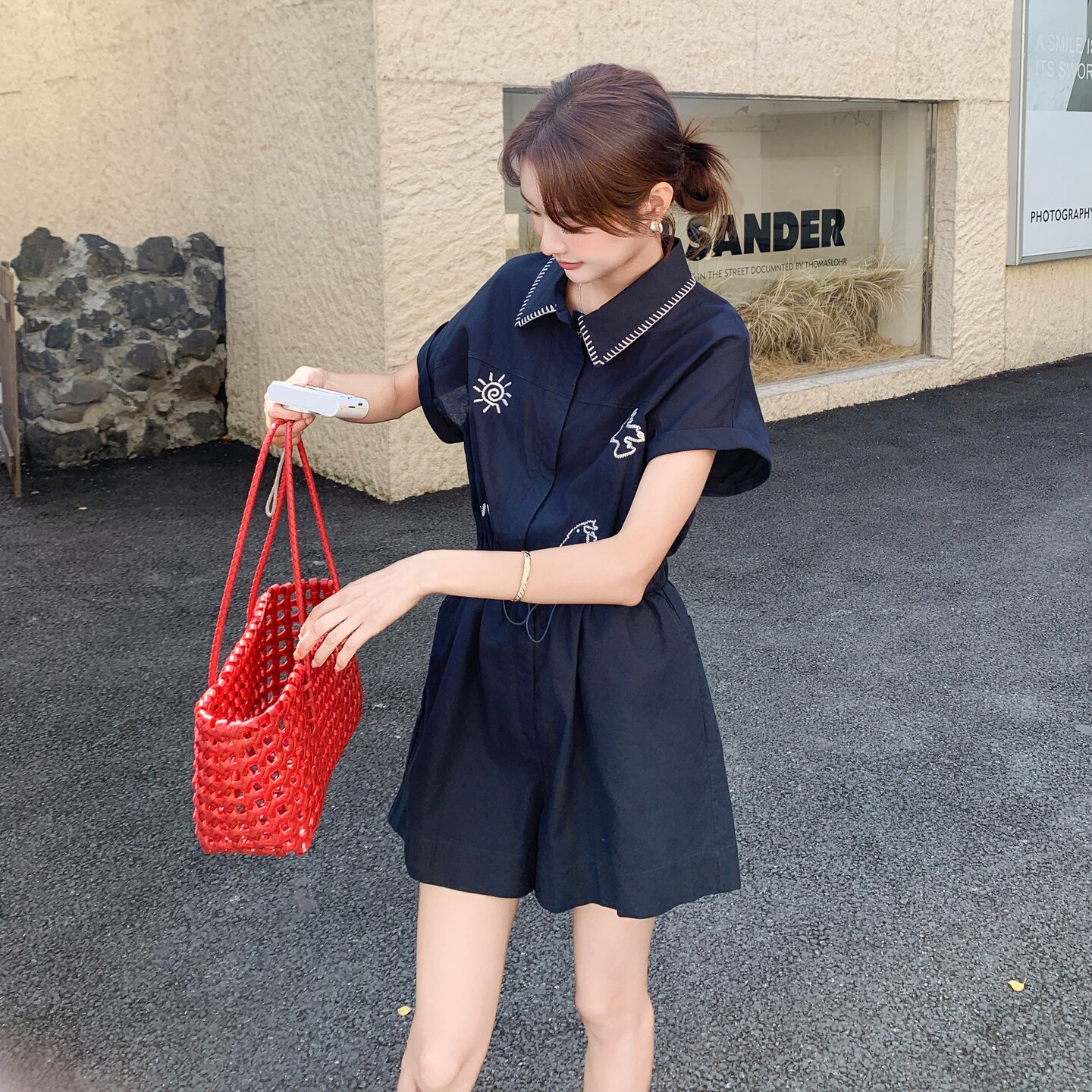 时尚减龄收腰连体裤女2025夏新款气质设计感单排扣抽绳短裤连衣裤,女装套装/套裙,艾艾淮淮