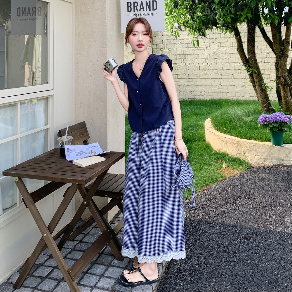 【新款】现货飞飞袖上衣+格子裤套装297-1369-P145-K208,女装套装/套裙,艾艾淮淮