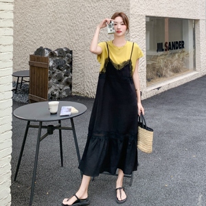 设计感小众拼接假两件休闲t恤长裙新款轻薄显瘦气质连衣裙夏女裙图片