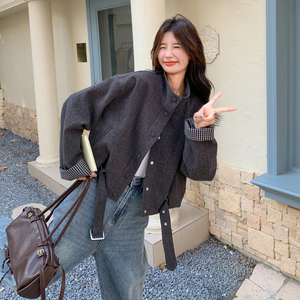 高级感格子撞色翻袖立领毛夹克外套女2025秋季新款韩系酷飒风上衣图片