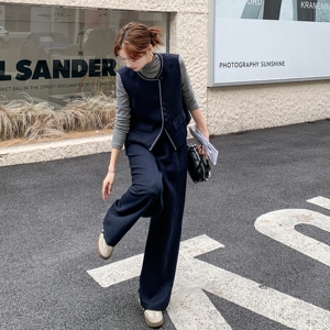 通勤穿搭蓝色马甲套装女春秋2025新款超火好看高级感阔腿裤三件套