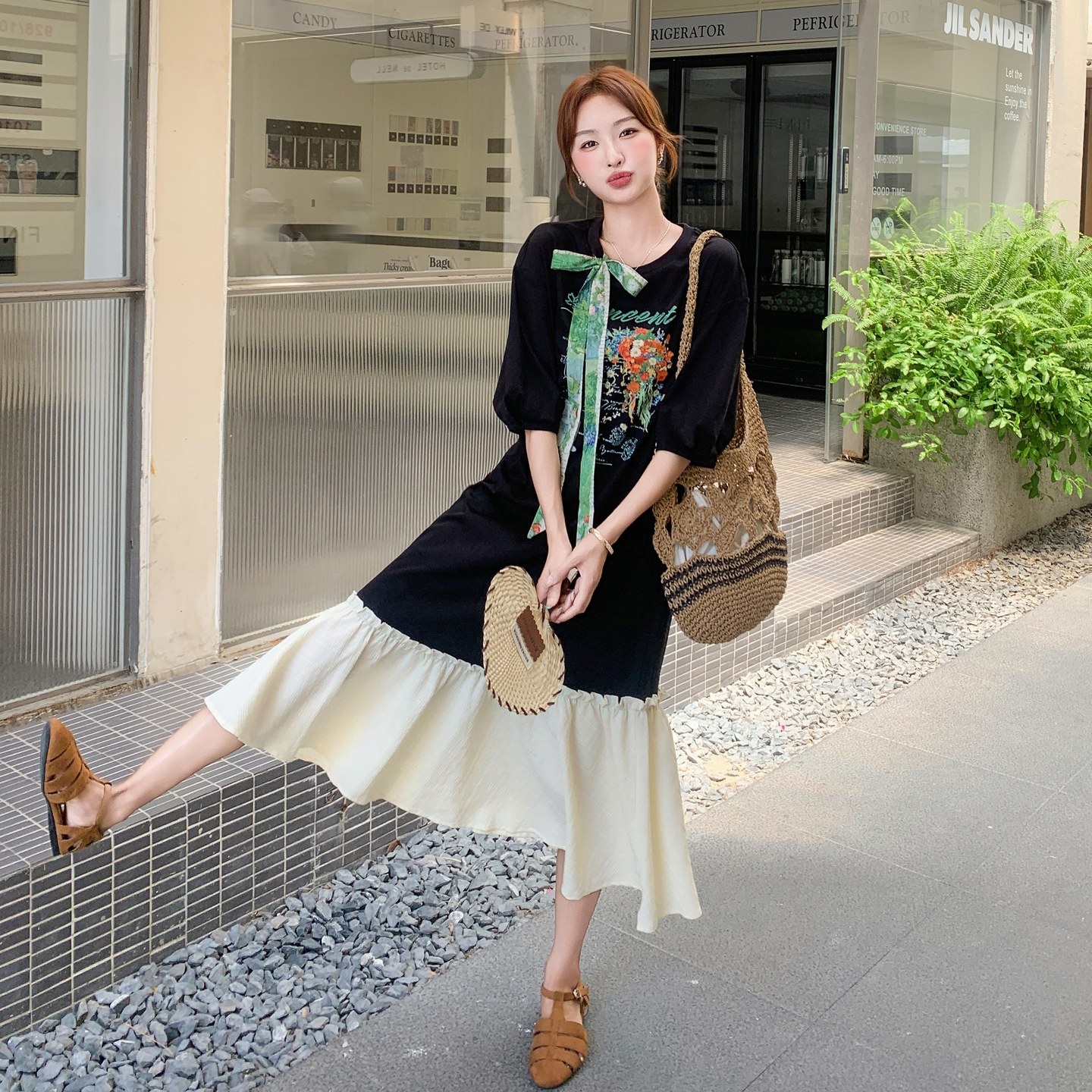 撞色拼接印花连衣裙女2025年夏季新款韩系慵懒风宽松休闲T恤长裙,女装连衣裙,艾艾淮淮