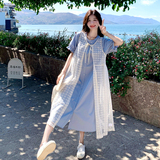 甜美蓝色衬衫裙套装女2025夏新款法式温柔显瘦白色罩衫两件套长裙，女装连衣裙，艾艾淮淮
