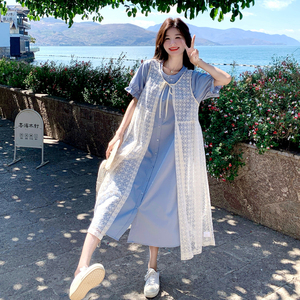 甜美蓝色衬衫裙套装女2025夏新款法式温柔显瘦白色罩衫两件套长裙图片