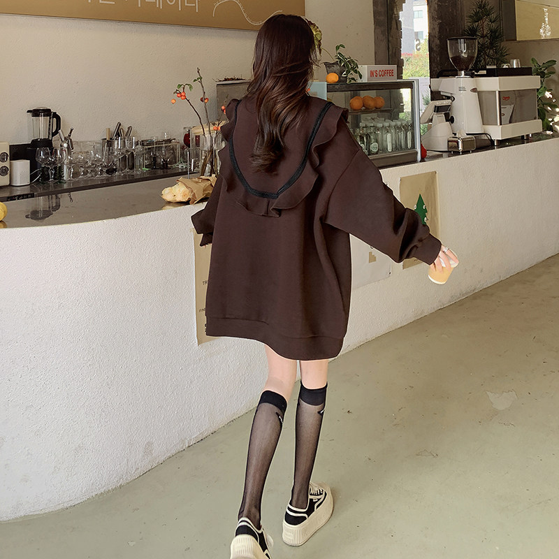 韩版甜美减龄木耳边圆领卫衣女2025春秋季新款宽松显瘦学院风上衣，女装连衣裙，艾艾淮淮