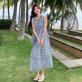 高腰显瘦巨好看蓝色格子连衣裙女2025夏季新款复古小心机长裙子，女装连衣裙，艾艾淮淮