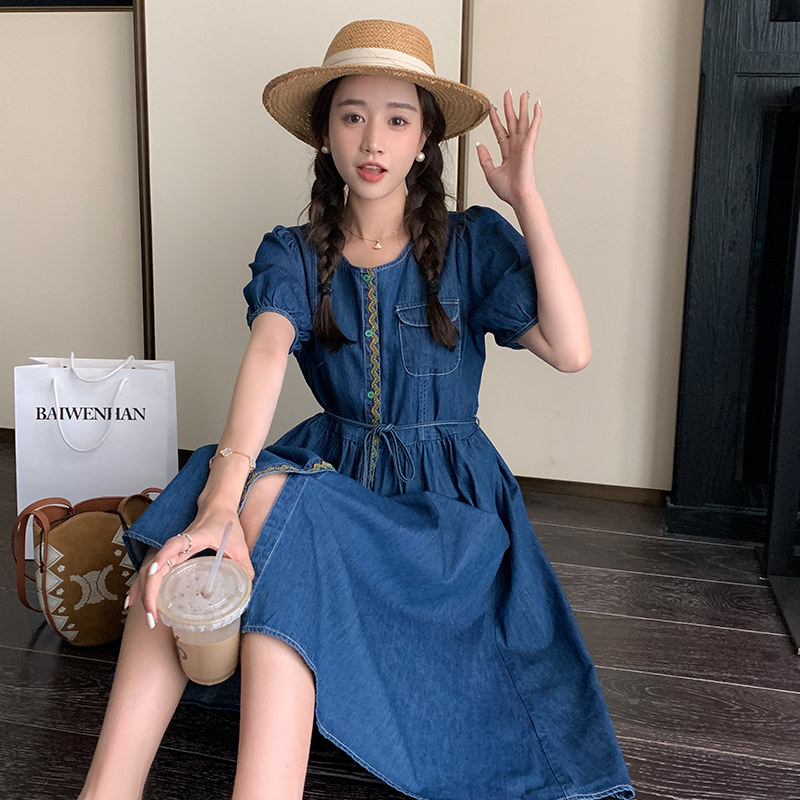 蓝色牛仔连衣裙女夏季2025新款收腰复古显瘦轻熟小个子减龄中长裙,女装连衣裙,艾艾淮淮