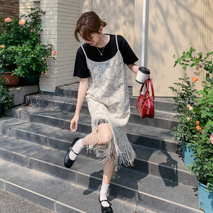 韩系气质短袖T恤裙女2025新款夏季蕾丝流苏吊带罩衫潮