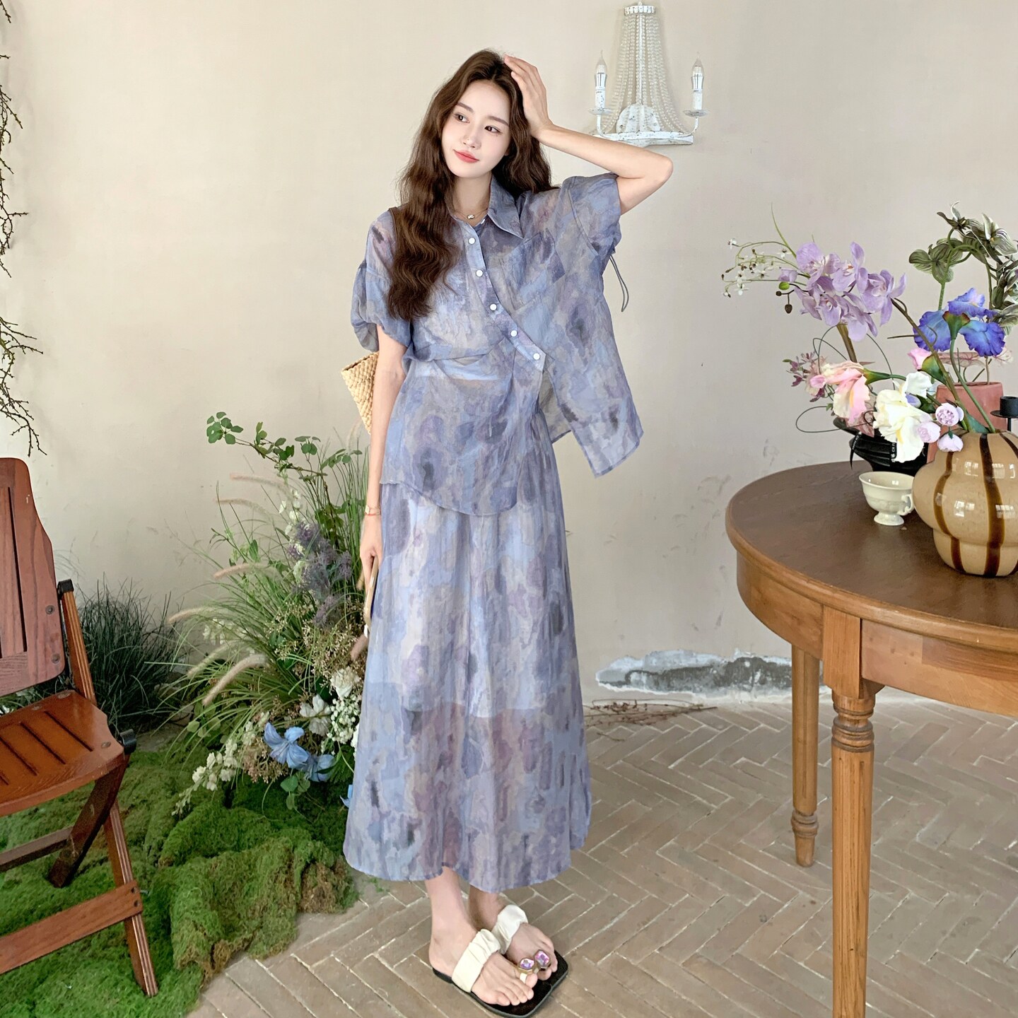 紫色晕染衬衫套装女2025夏季新款巨好看时尚气质减龄半身裙两件套,女装套装/套裙,艾艾淮淮
