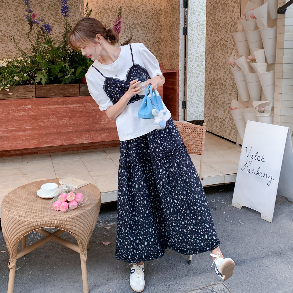 轻熟风设计感夏日ootd穿搭女2025新款假两件上衣碎花半身裙两件套,女装连衣裙,艾艾淮淮
