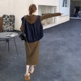 休闲风穿搭黄色条纹连帽长袖卫衣连衣裙女春秋巨好看长裙两件套装，女装套装/套裙，艾艾淮淮