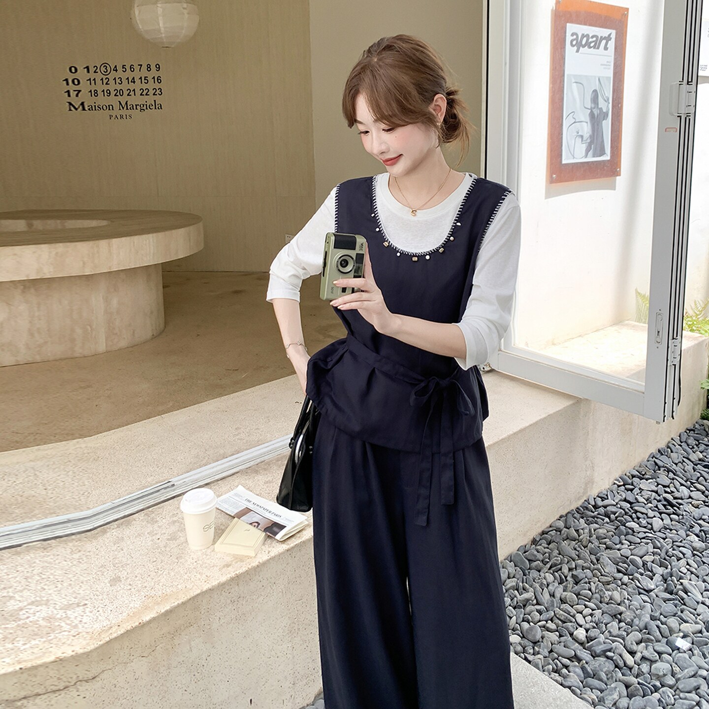深蓝色复古马甲套装女早秋2025年新款气质高级感休闲阔腿裤三件套,女装套装/套裙,艾艾淮淮